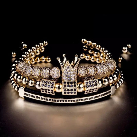 3 Piece Lux Royal  Crown Gold Men's Bracelet  Set