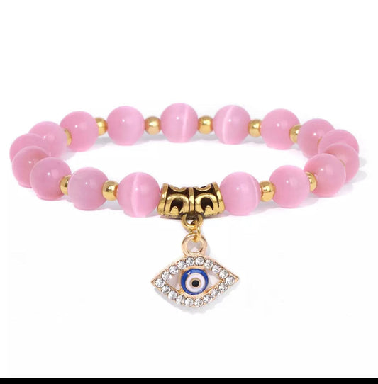 Natural Pink Stone Beaded Bracelet with Evil Eye Charm