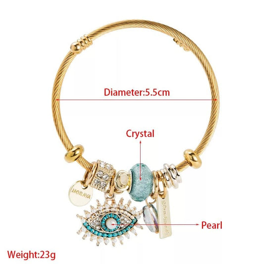 Gold Bangle Bracelet eith Evil Eye Protection Charms