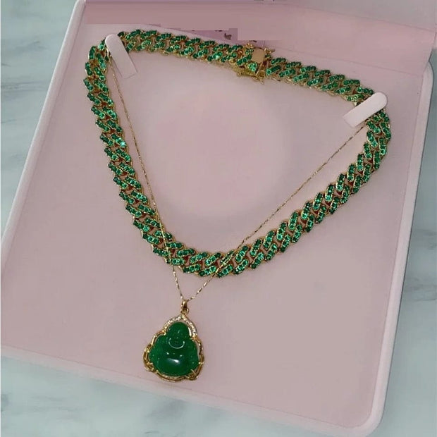 ey Green Blinged out Necklace with Buddha Necklace