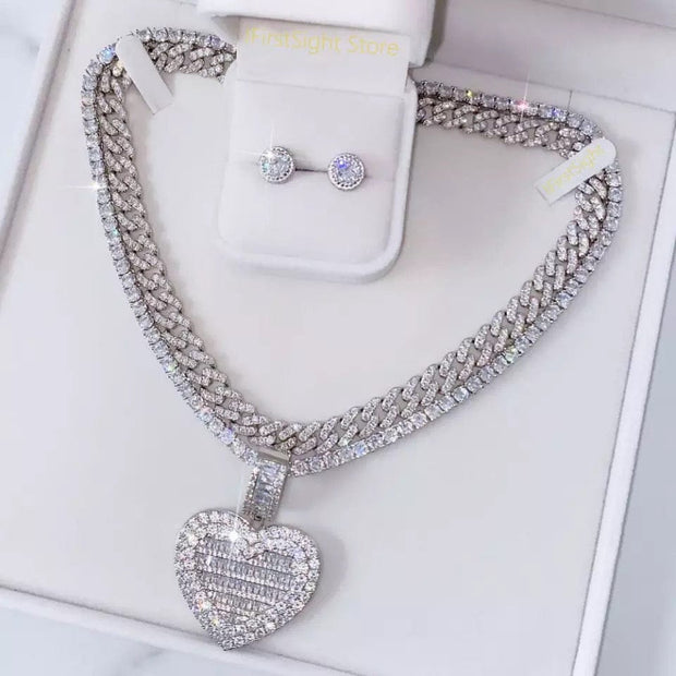 Iced Out Heart Necklace with Earring Gift Set