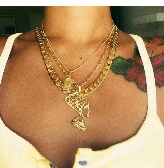 Hollow GoldQueenNefertiti layered Necklace