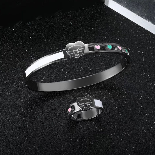 Silver Heart Bracelet and Ring Set