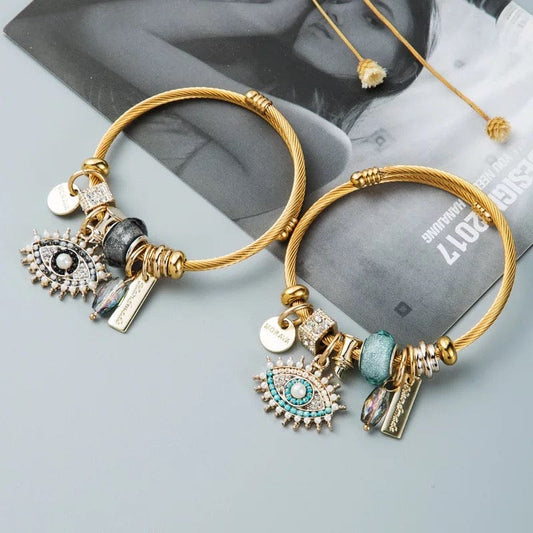 Gold Bangle Bracelet eith Evil Eye Protection Charms