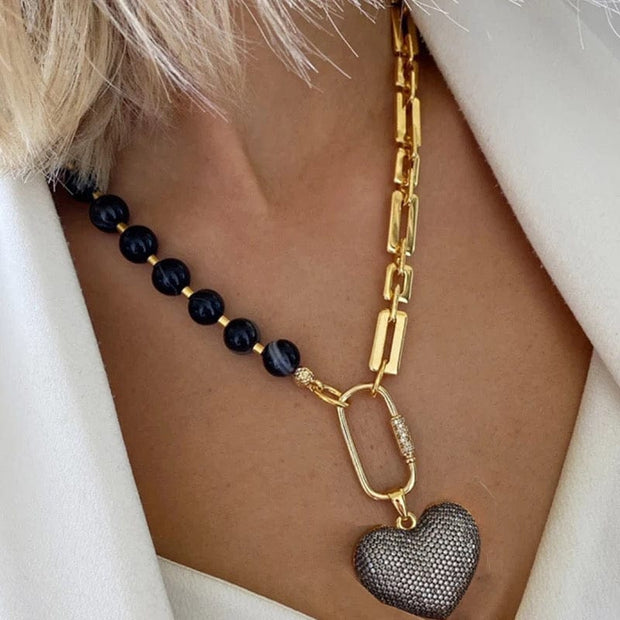 Gold  Necklace With Crystal Black Heart Pendant