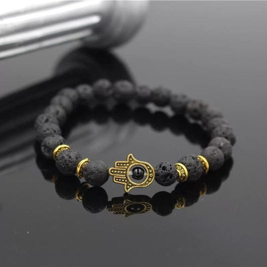 Turkish Antique  Black  Stone Beaded Bracelet ckch Stone Bracelet with Hamsa Cha