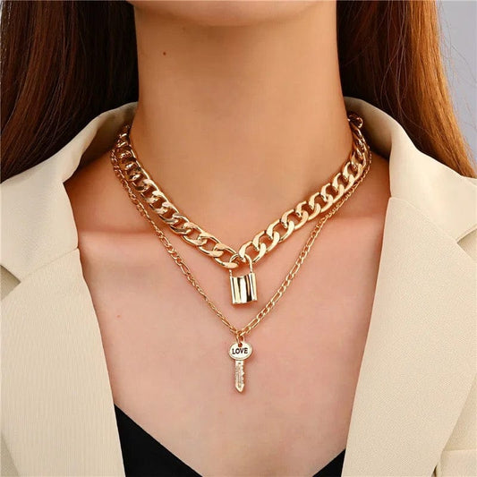 MultilayeredGold Necklace with Lock Pendant