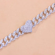 Chunky Metal Chain Anklet Bracelet with a Heart Charmwith Rhinestones
