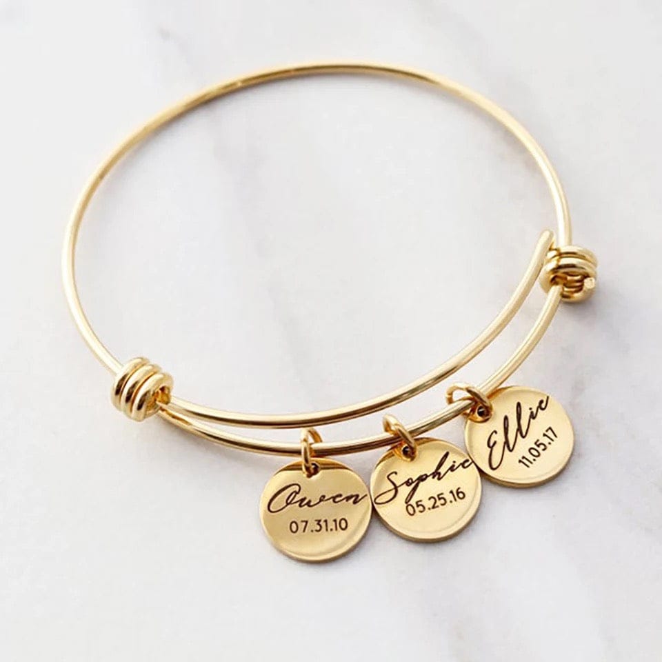 Personalized AdjustableBangle (able Bangle Bracelet with Round CharmsSilver or Gold