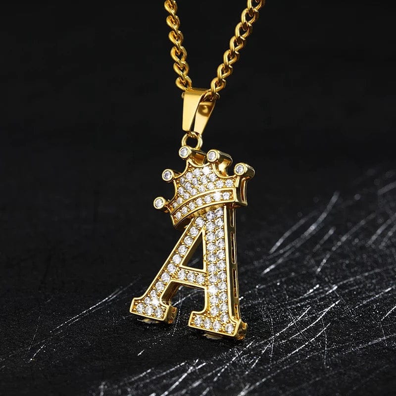 Gold Necklace with CrownInitial Pendant