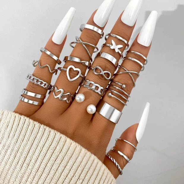 Silver Boho 22pcs Women's Ring Set