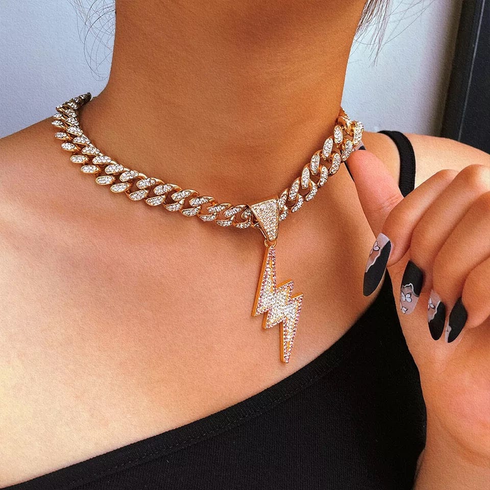 Gold Iced Out Lightning Bolt Necklace